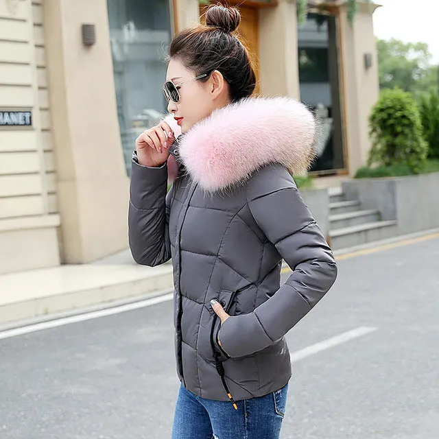 2018 Winter Jacket women Plus Size Womens Parkas Thicken Outerwear solid hooded Coats Short Female Slim Cotton Big fur collar