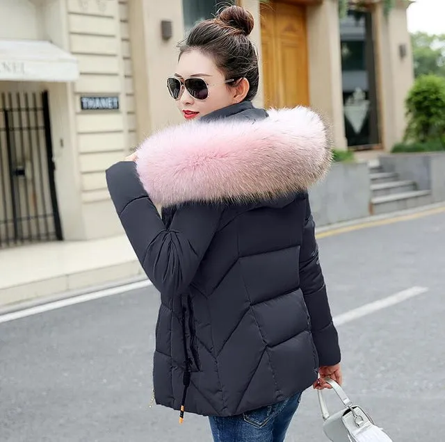 2018 Winter Jacket women Plus Size Womens Parkas Thicken Outerwear solid hooded Coats Short Female Slim Cotton Big fur collar