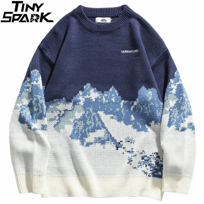 2023 Men Hip Hop Streetwear Knitted Sweater Embroidery Retro Vintage Snow Sweater Cotton Harajuku Ca