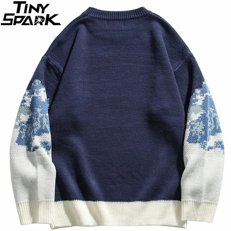 2023 Men Hip Hop Streetwear Knitted Sweater Embroidery Retro Vintage Snow Sweater Cotton Harajuku Ca