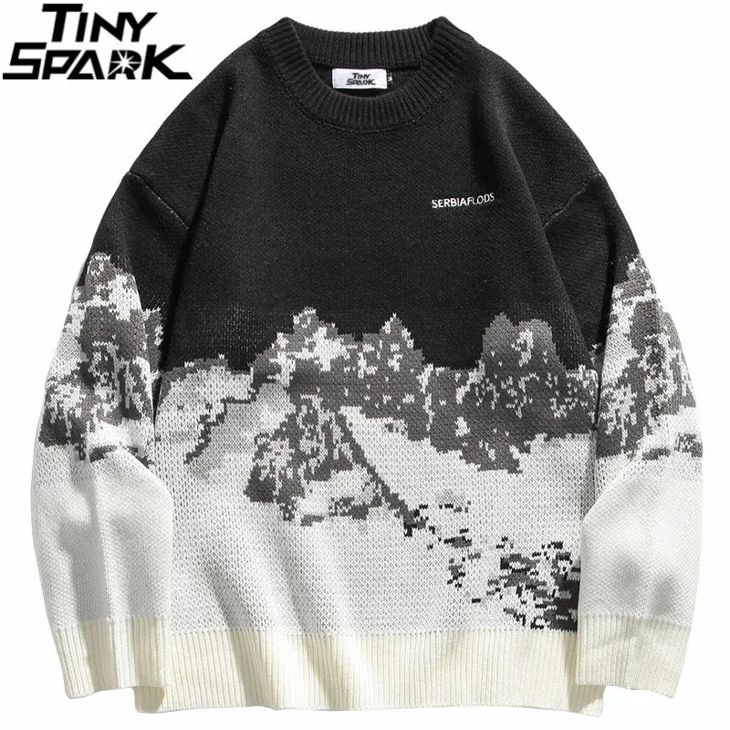 2023 Men Hip Hop Streetwear Knitted Sweater Embroidery Retro Vintage Snow Sweater Cotton Harajuku Ca