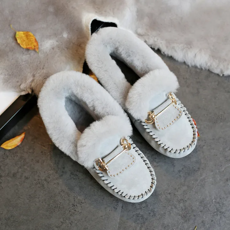 2023 Winter 100% Genuine Leather Real Wool Women Flats New Fashion Female Moccasins Casual Loafers P