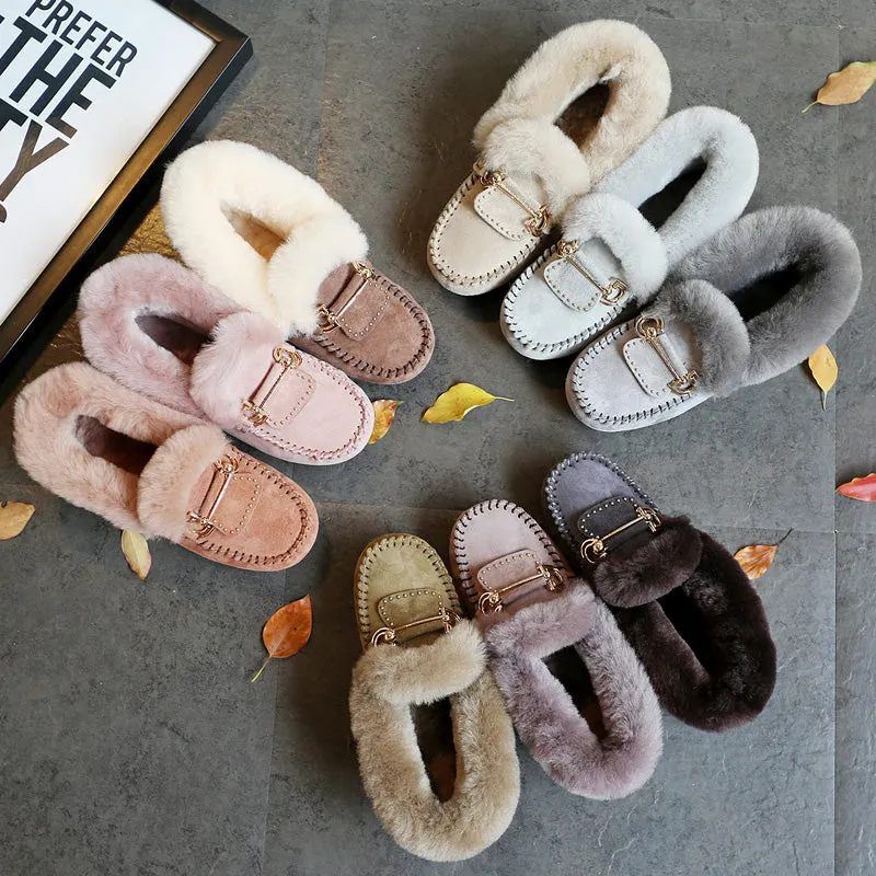 2023 Winter 100% Genuine Leather Real Wool Women Flats New Fashion Female Moccasins Casual Loafers P