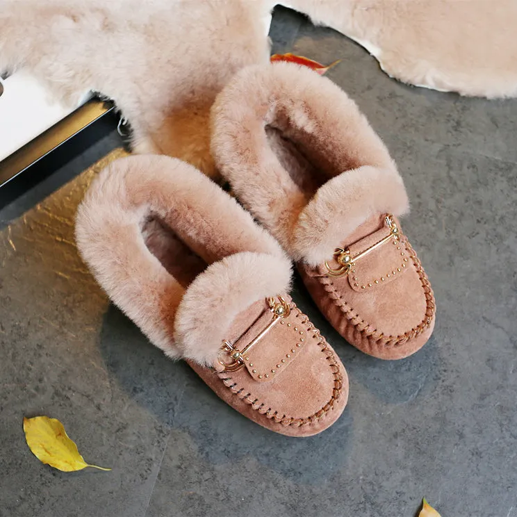 2023 Winter 100% Genuine Leather Real Wool Women Flats New Fashion Female Moccasins Casual Loafers P