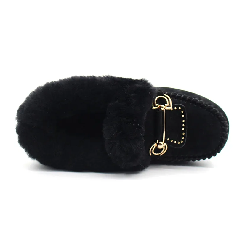 2023 Winter 100% Genuine Leather Real Wool Women Flats New Fashion Female Moccasins Casual Loafers P