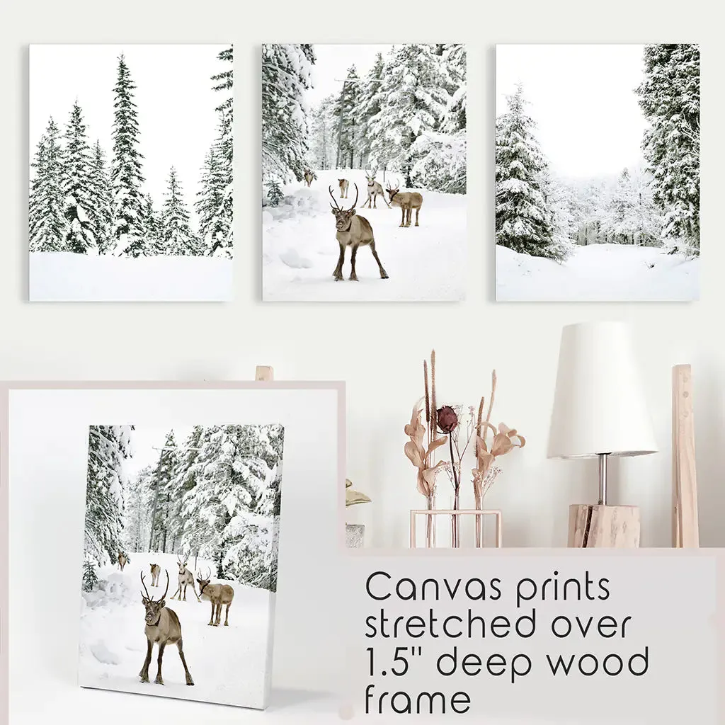 3 Piece Winter Landscape Wall Art. Snowy Pine Forest, Fawn