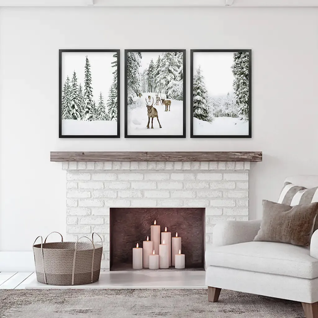 3 Piece Winter Landscape Wall Art. Snowy Pine Forest, Fawn