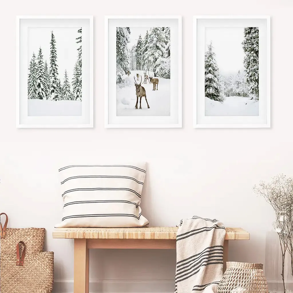 3 Piece Winter Landscape Wall Art. Snowy Pine Forest, Fawn