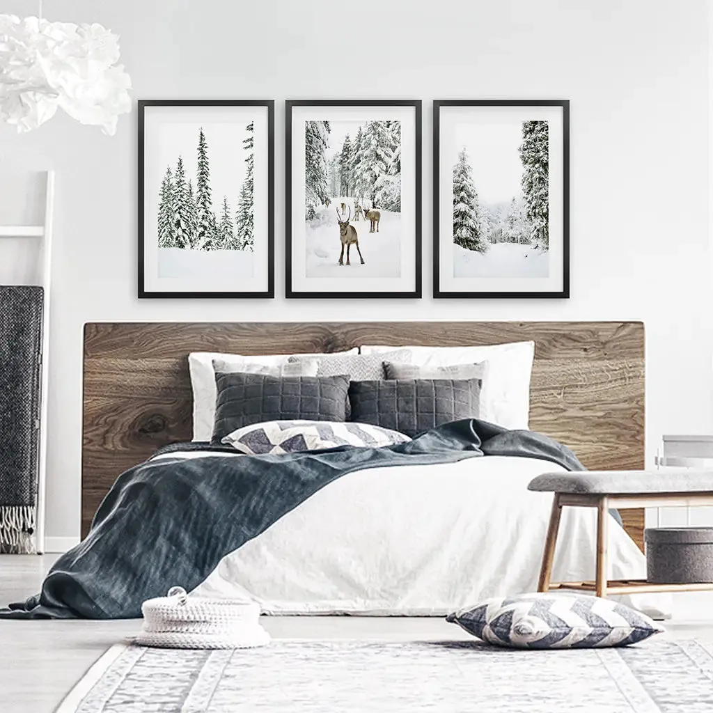 3 Piece Winter Landscape Wall Art. Snowy Pine Forest, Fawn