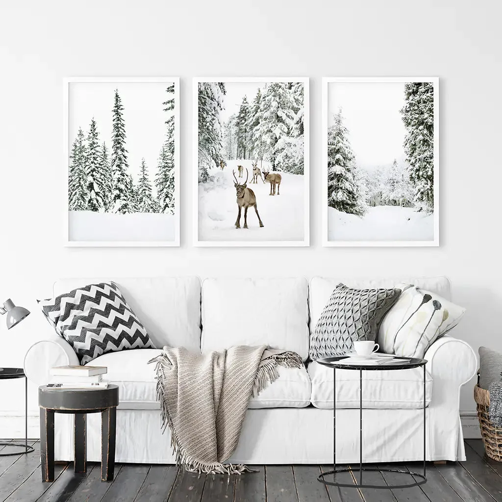 3 Piece Winter Landscape Wall Art. Snowy Pine Forest, Fawn