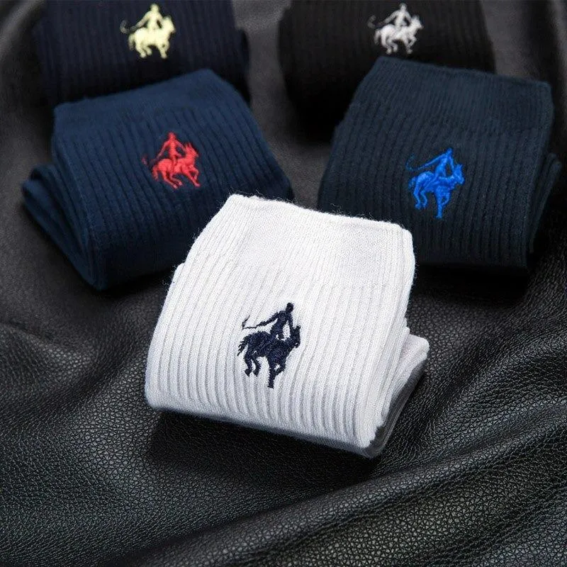 5 Pairs Per Lot Polo Men's Sheer Cotton Winter Socks with Embroidery