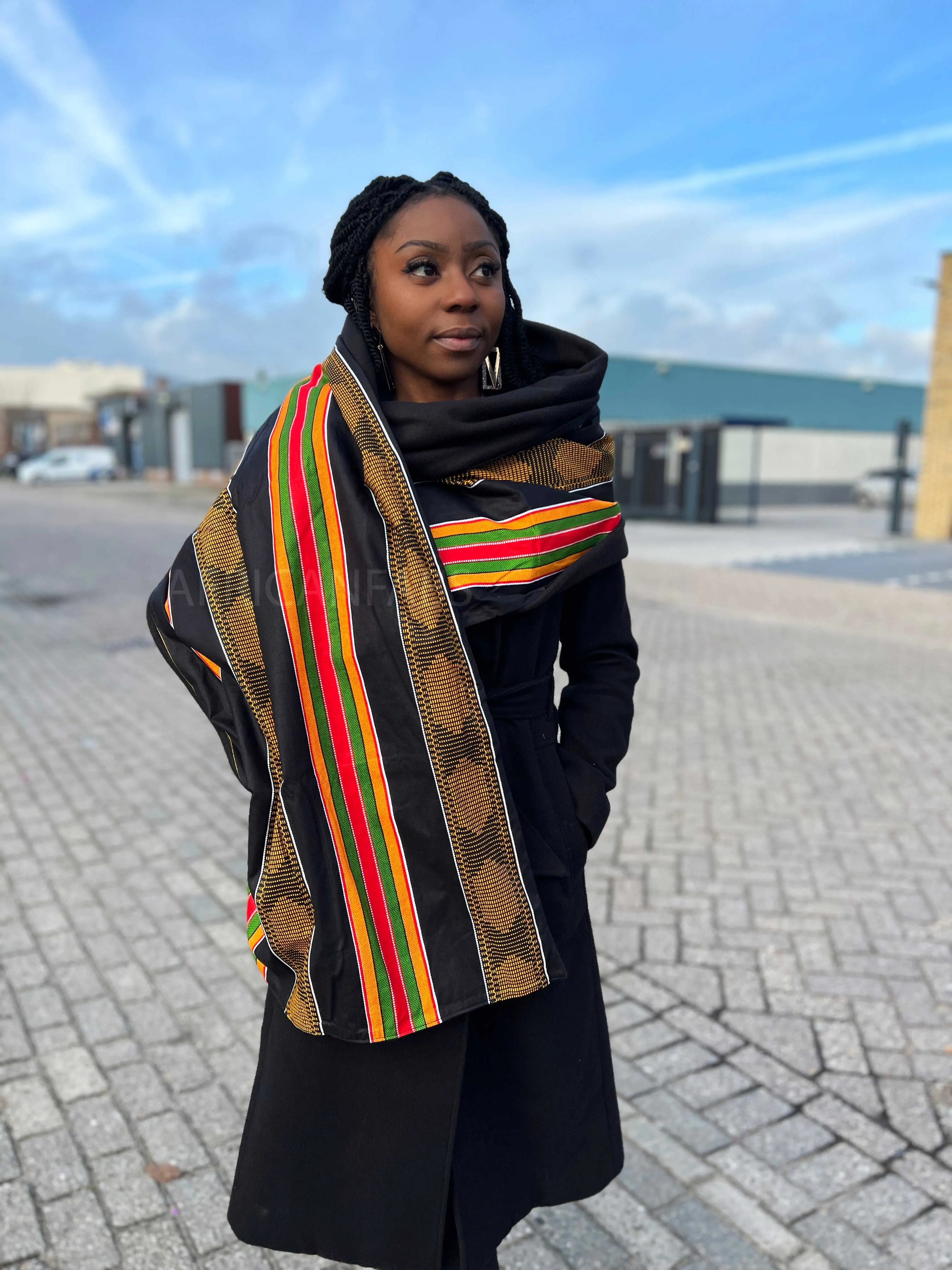 African print Winter scarf for Adults Unisex - Black Pan African Kente