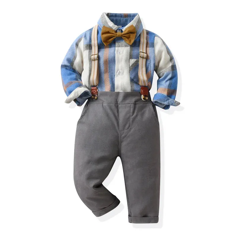 Baby Boy Birthday Blue Grey Plaid Gentleman Clothing Set