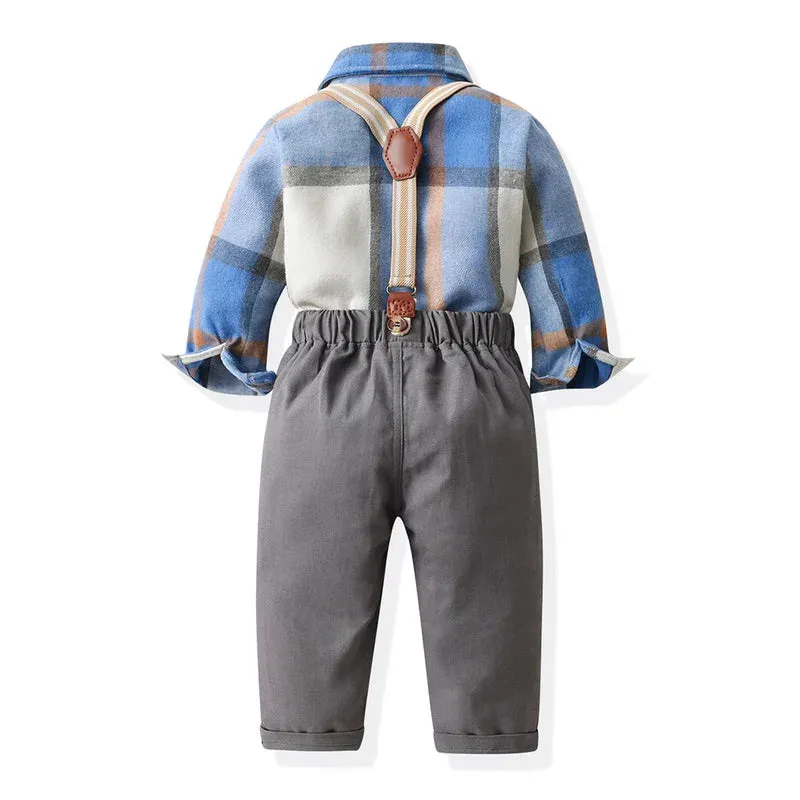 Baby Boy Birthday Blue Grey Plaid Gentleman Clothing Set