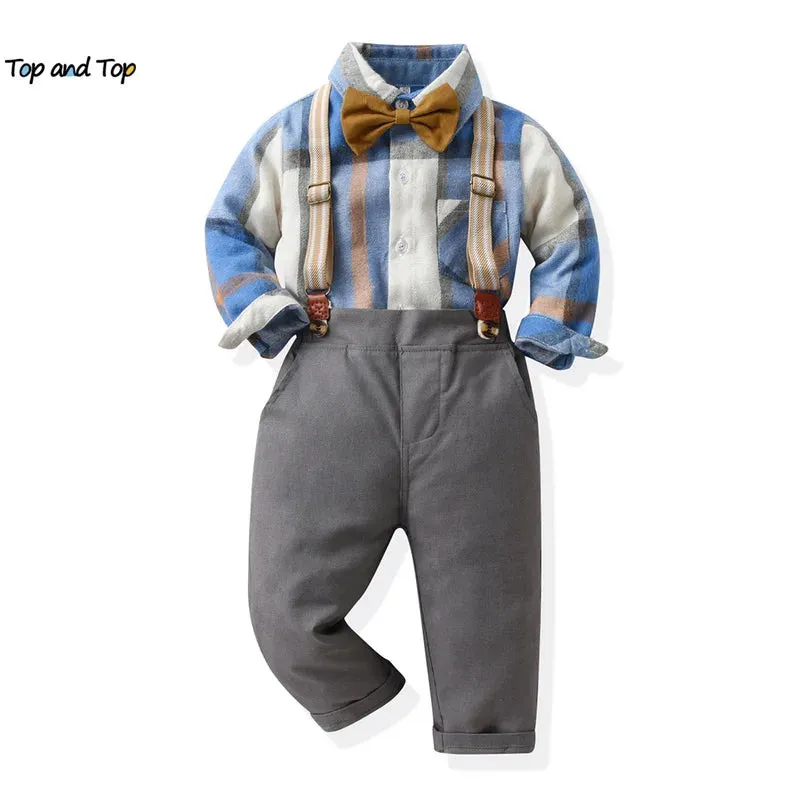 Baby Boy Birthday Blue Grey Plaid Gentleman Clothing Set