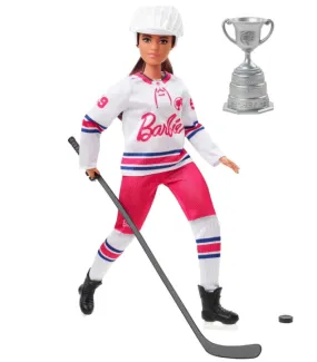 Barbie Winter Sports Hockey Player Brunette Doll, Curvy Shape (12 in) with Jersey, Helmet, Hockey Stick, Puck & Trophy, Great Gift for 3 and Up