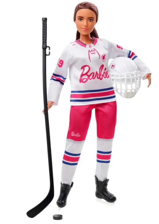 Barbie Winter Sports Hockey Player Brunette Doll, Curvy Shape (12 in) with Jersey, Helmet, Hockey Stick, Puck & Trophy, Great Gift for 3 and Up