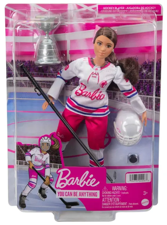 Barbie Winter Sports Hockey Player Brunette Doll, Curvy Shape (12 in) with Jersey, Helmet, Hockey Stick, Puck & Trophy, Great Gift for 3 and Up