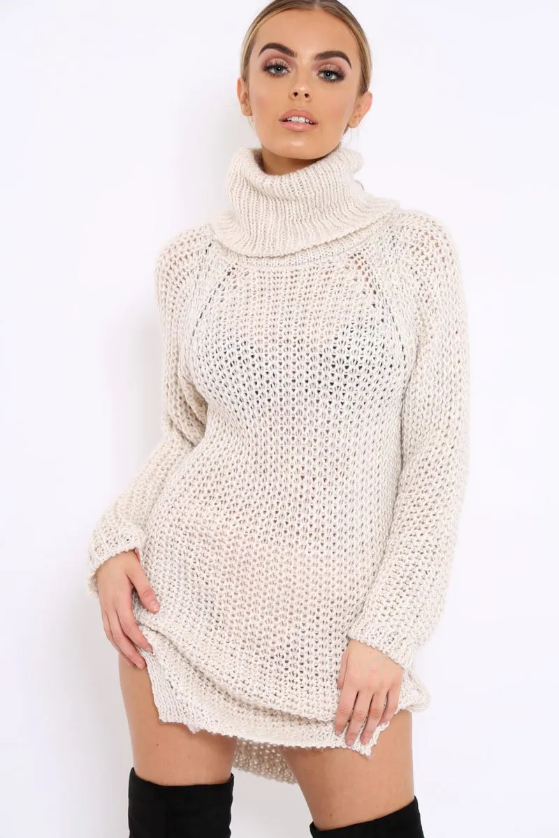 Beige Chunky Knit Roll Neck Cut Out Hem Jumper Dress - Catalina