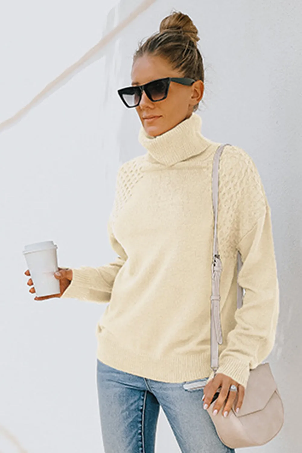 Beige Turtle Neck Knitted Pullover Sweater