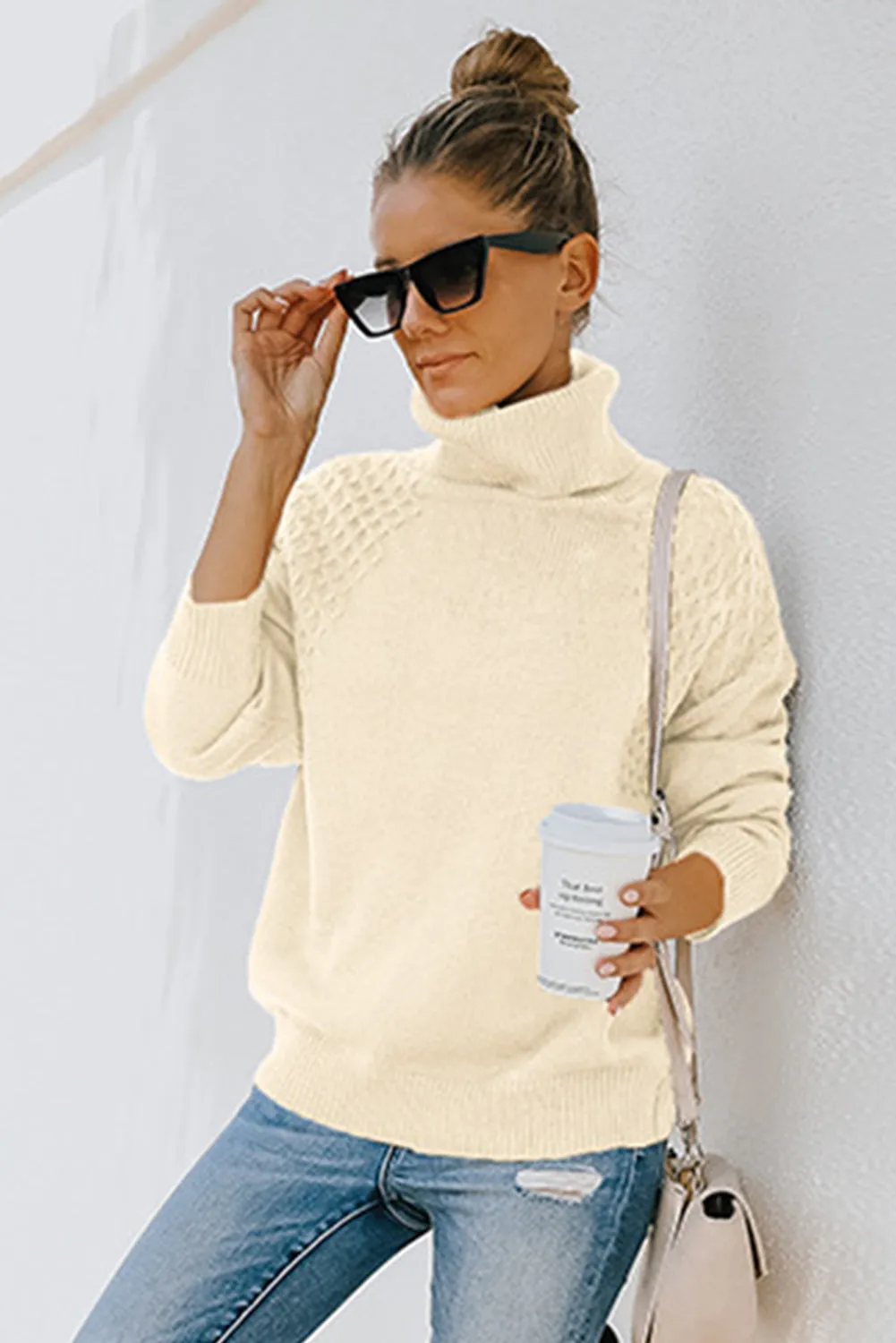 Beige Turtle Neck Knitted Pullover Sweater