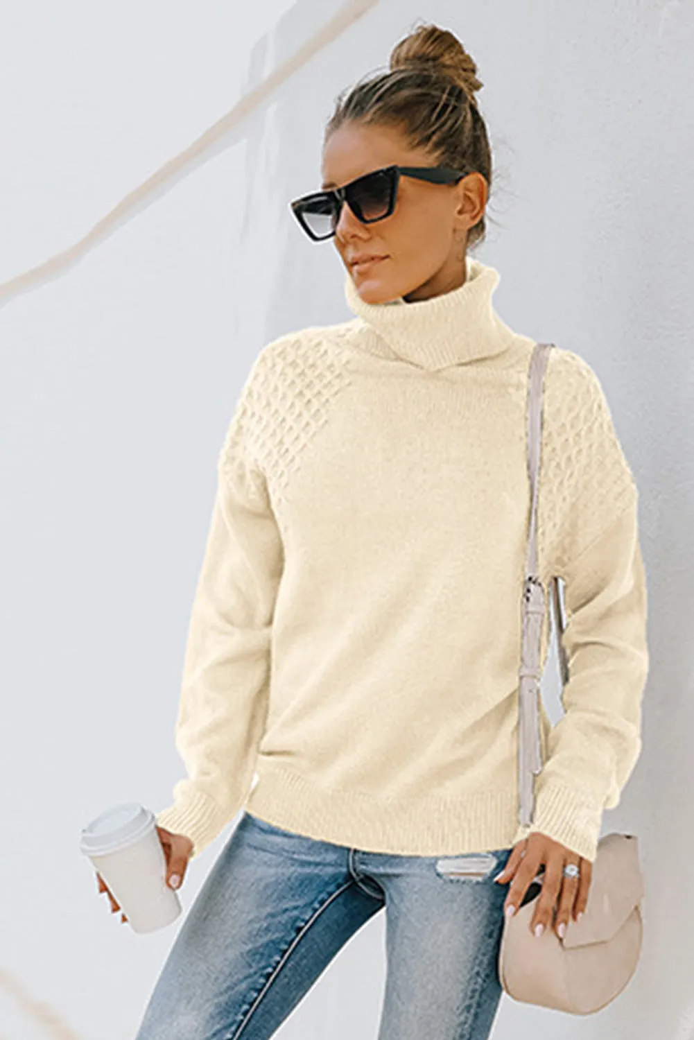 Beige Turtle Neck Knitted Pullover Sweater