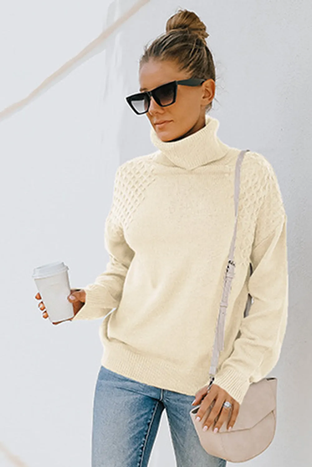 Beige Turtle Neck Knitted Pullover Sweater