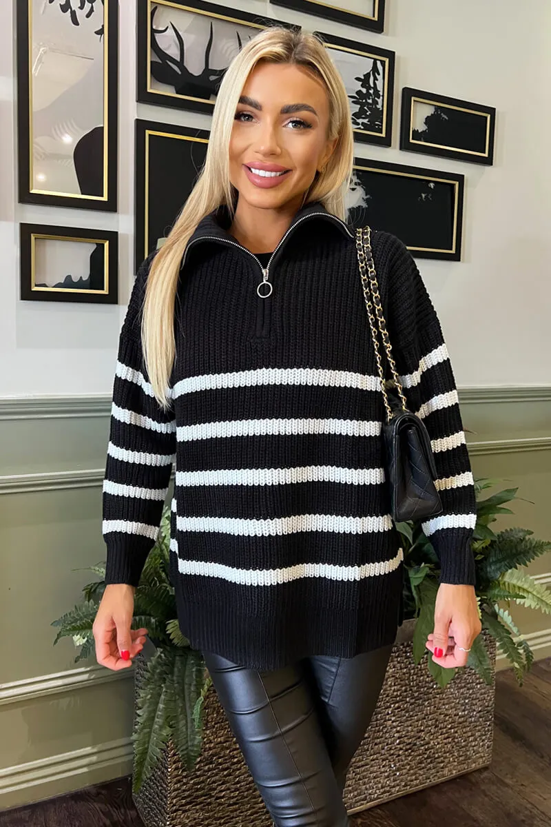 Black And Cream Zip Front Striped Knitted Jumper