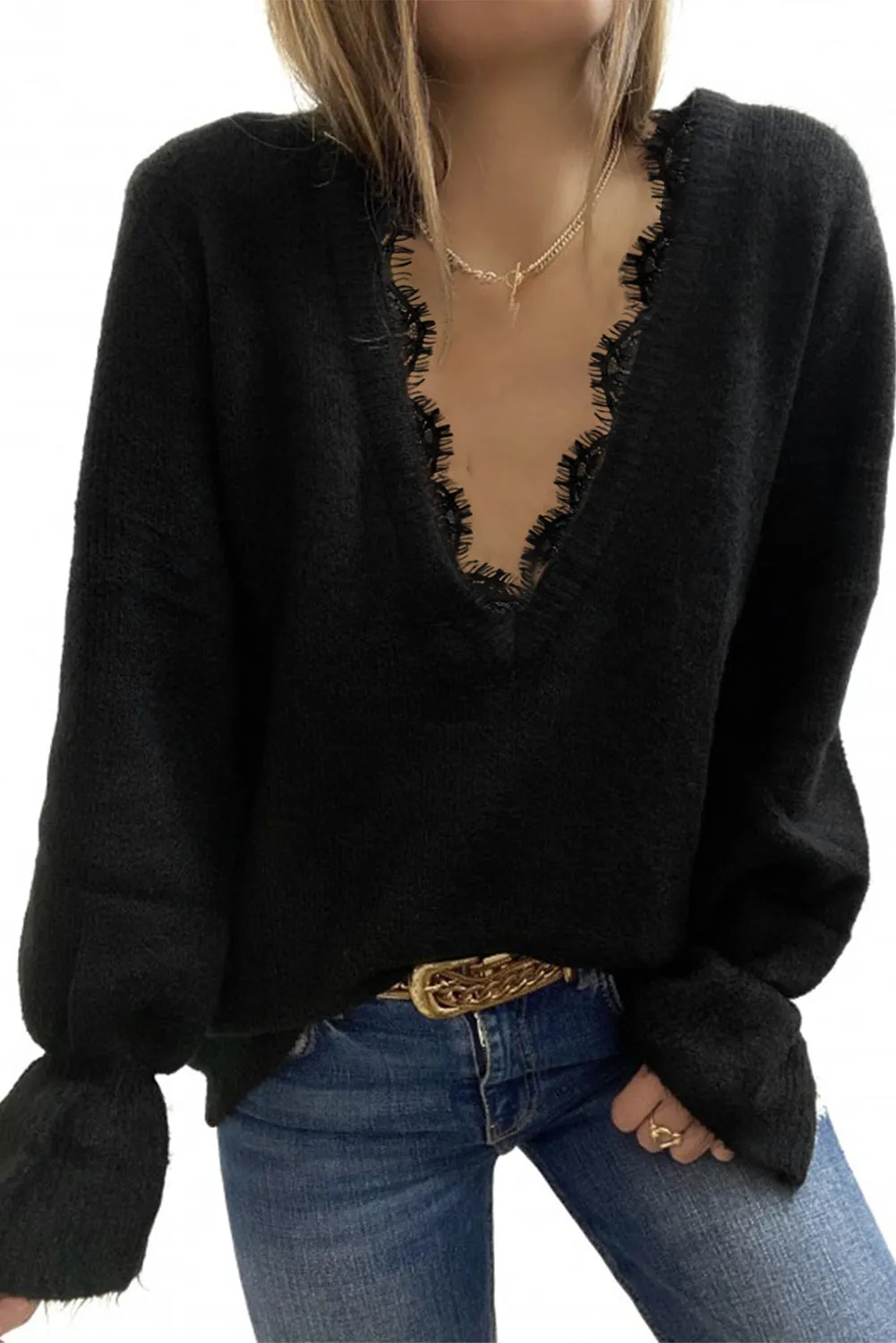 Black Eyelash V Neck Knitted Sweater