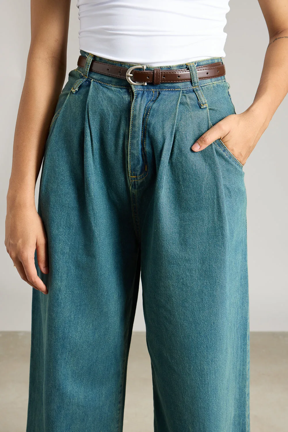 Blue Darted Wide Leg Denim Jeans