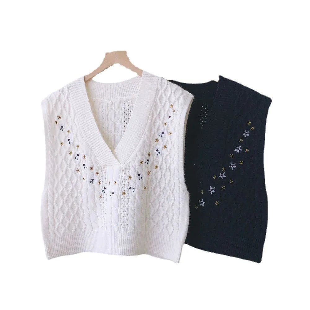 Boho French Flower Embroidery Cable Braided Knitted Vest Sweater