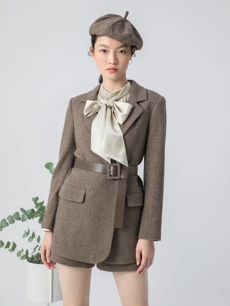 Brown Washable Woolen Sheath Gathered Waist Blazer