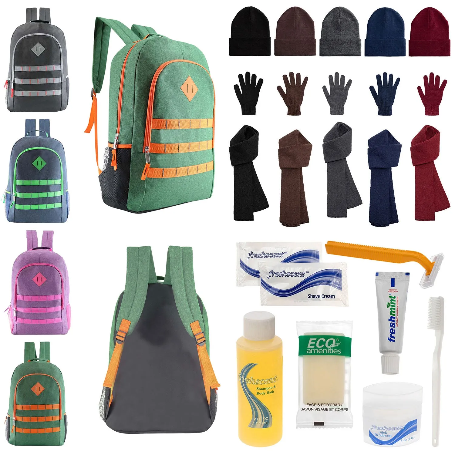 Bulk Case of 12 19" Backpacks and 12 Winter Item Sets and 12 Hygiene Kits - Wholesale Care Package - Emergencies, Homeless, Charity