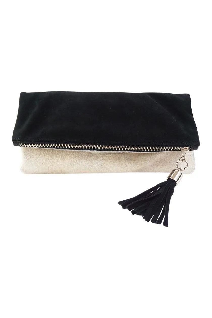 Cece Winter White Hair on Hide Reversible to Black Suede Foldover Clutch