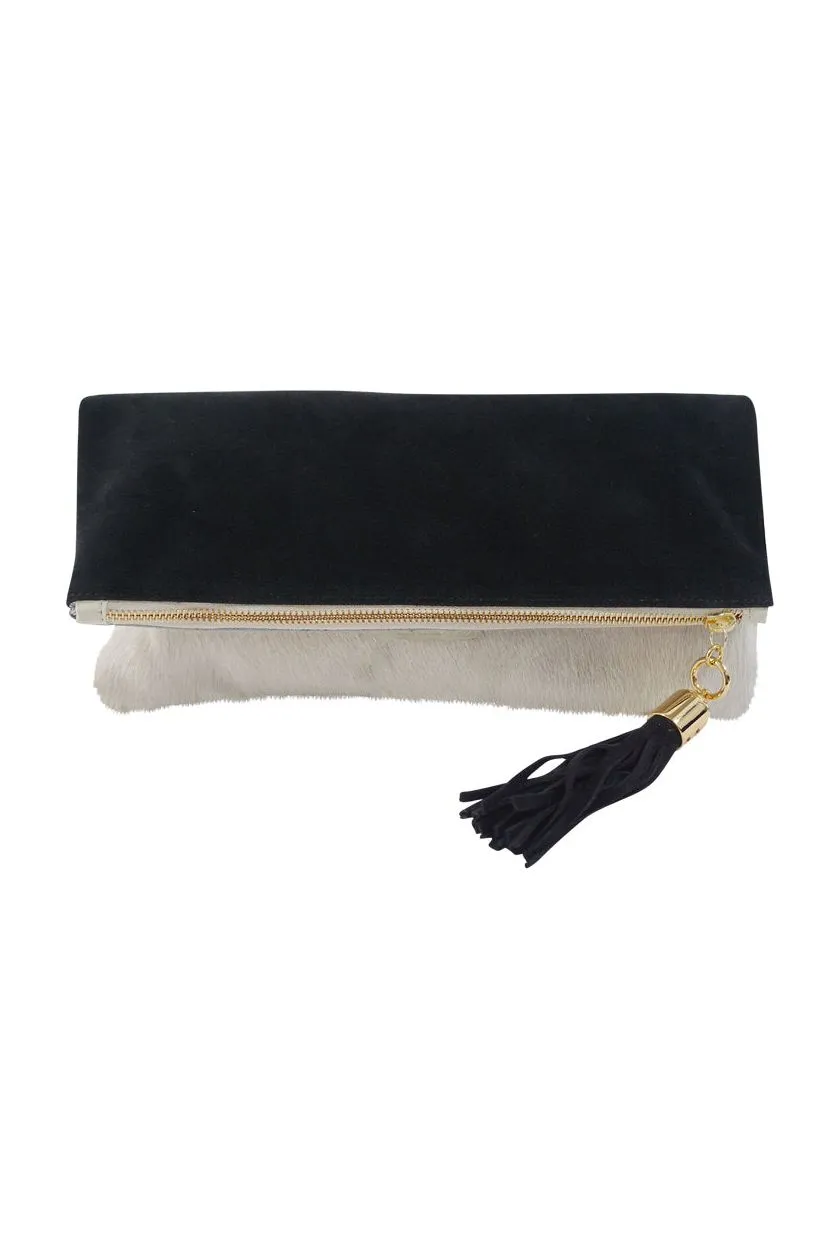 Cece Winter White Hair on Hide Reversible to Black Suede Foldover Clutch