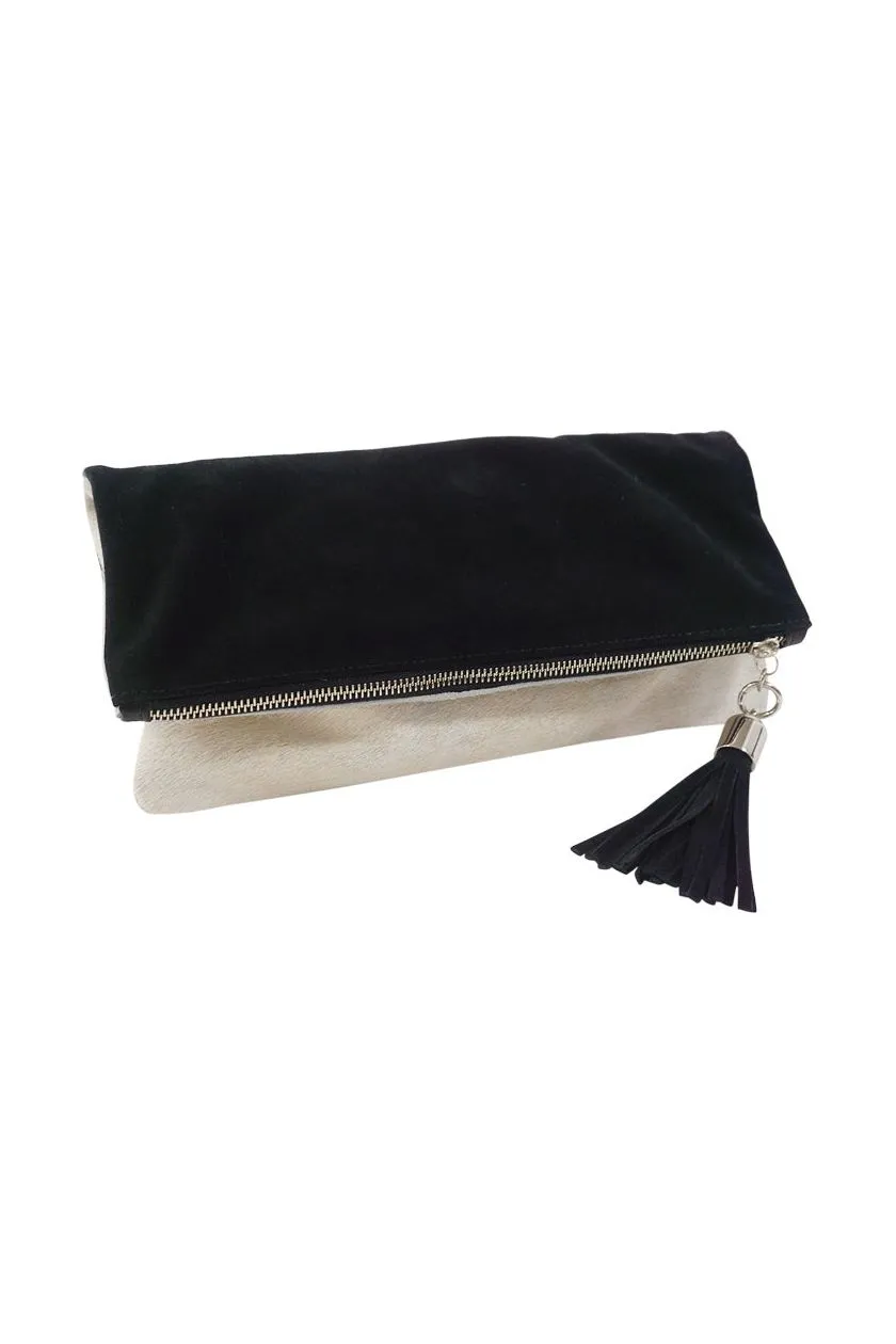 Cece Winter White Hair on Hide Reversible to Black Suede Foldover Clutch