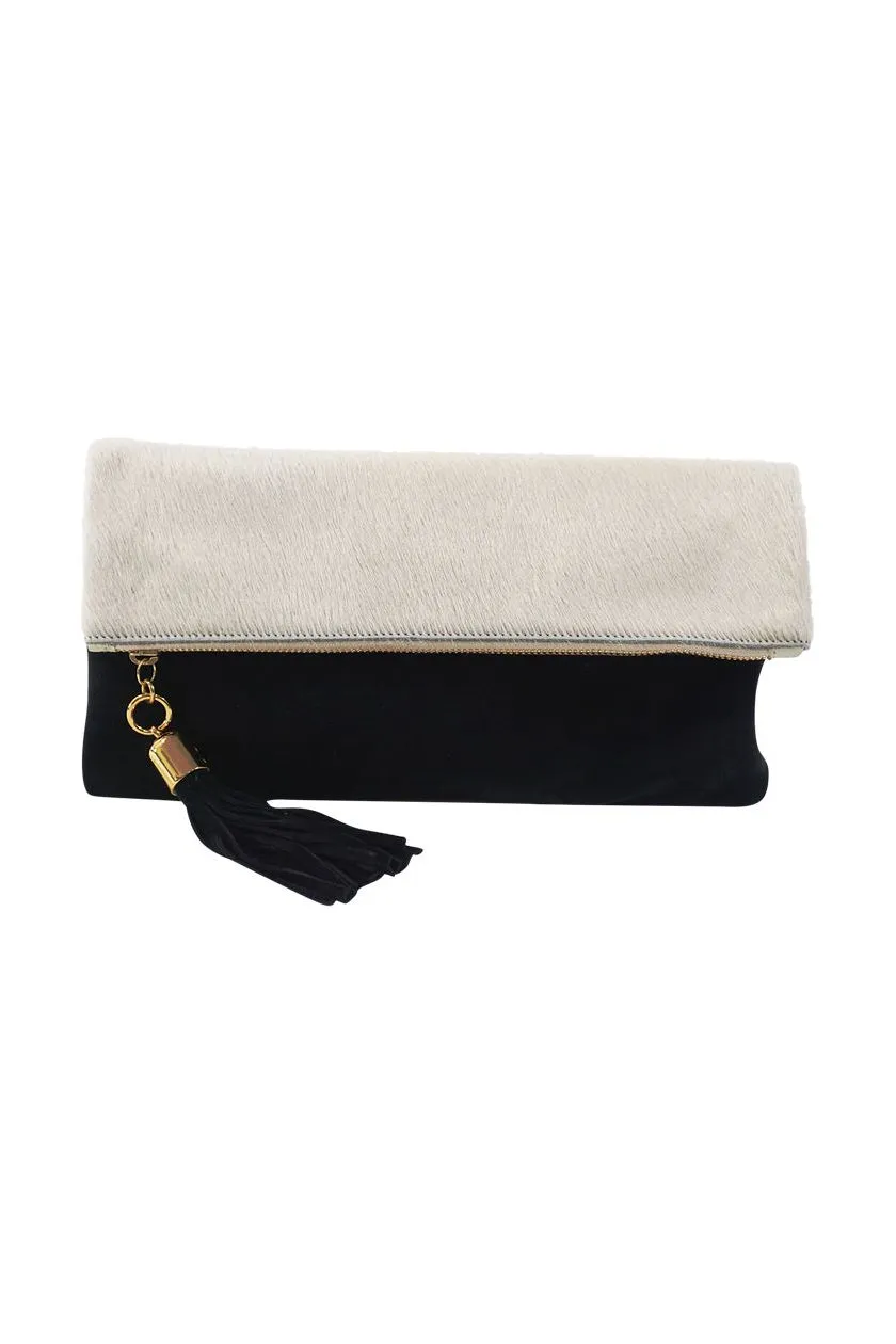 Cece Winter White Hair on Hide Reversible to Black Suede Foldover Clutch