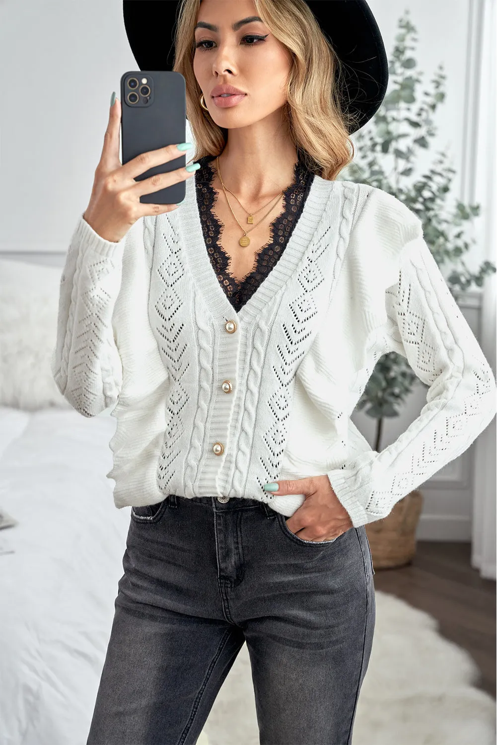 Chic White Ruffled Buttoned Open Front V Neck Knitted Sweater