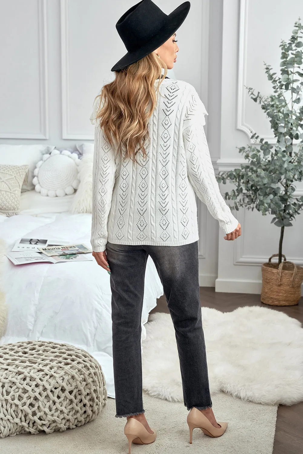 Chic White Ruffled Buttoned Open Front V Neck Knitted Sweater