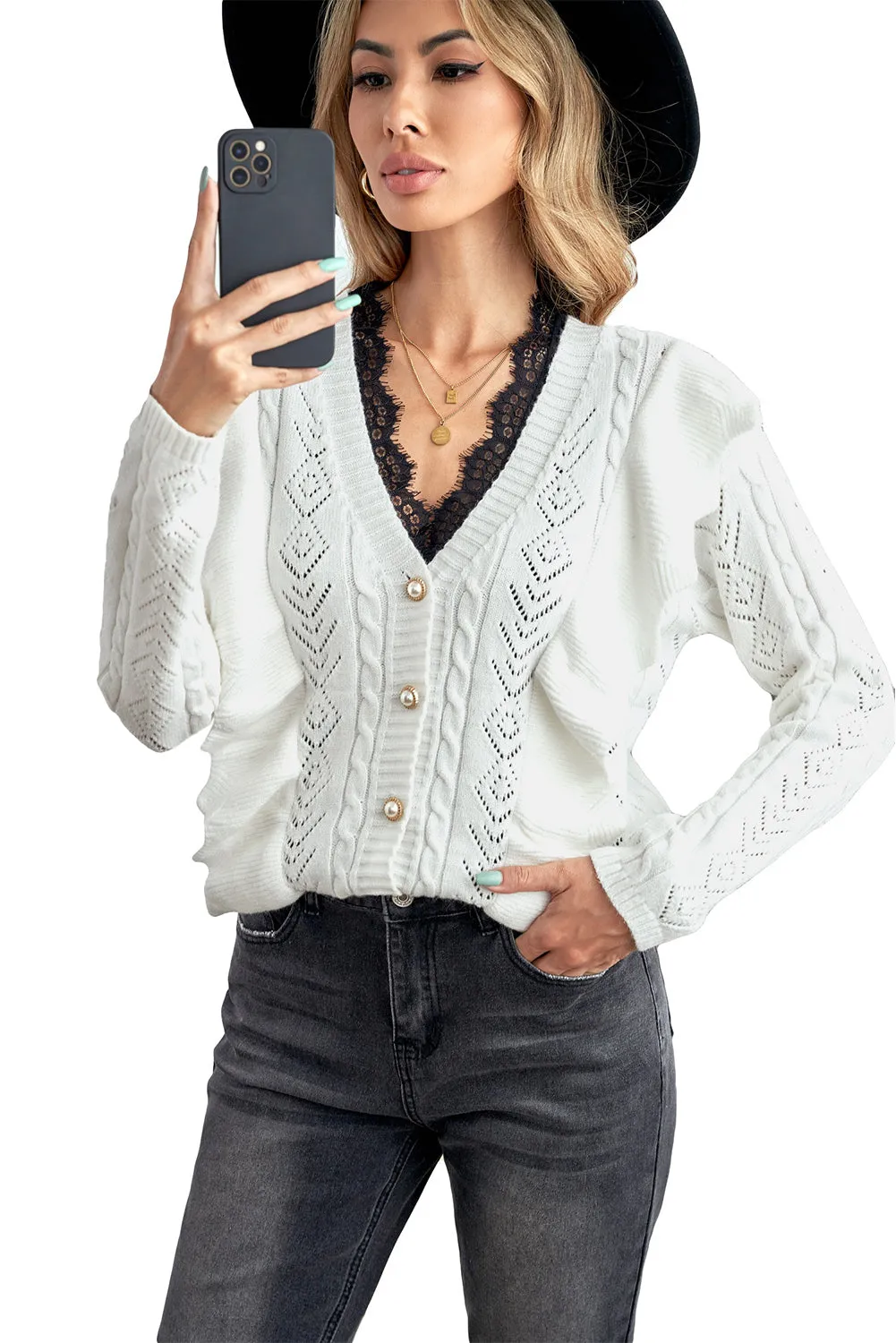 Chic White Ruffled Buttoned Open Front V Neck Knitted Sweater