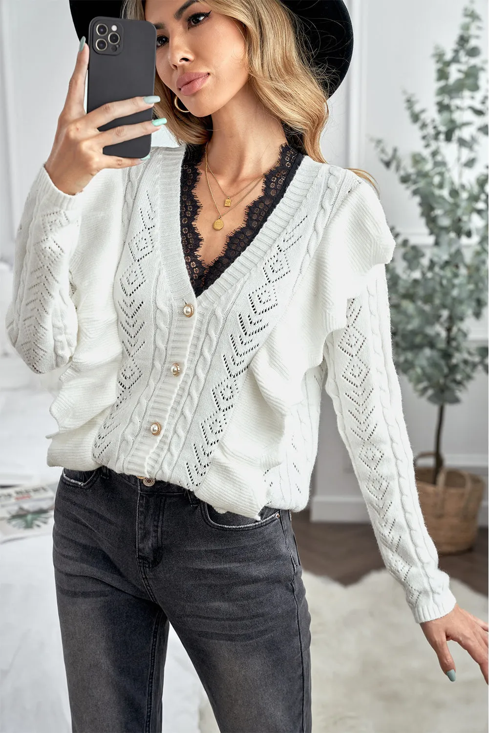 Chic White Ruffled Buttoned Open Front V Neck Knitted Sweater