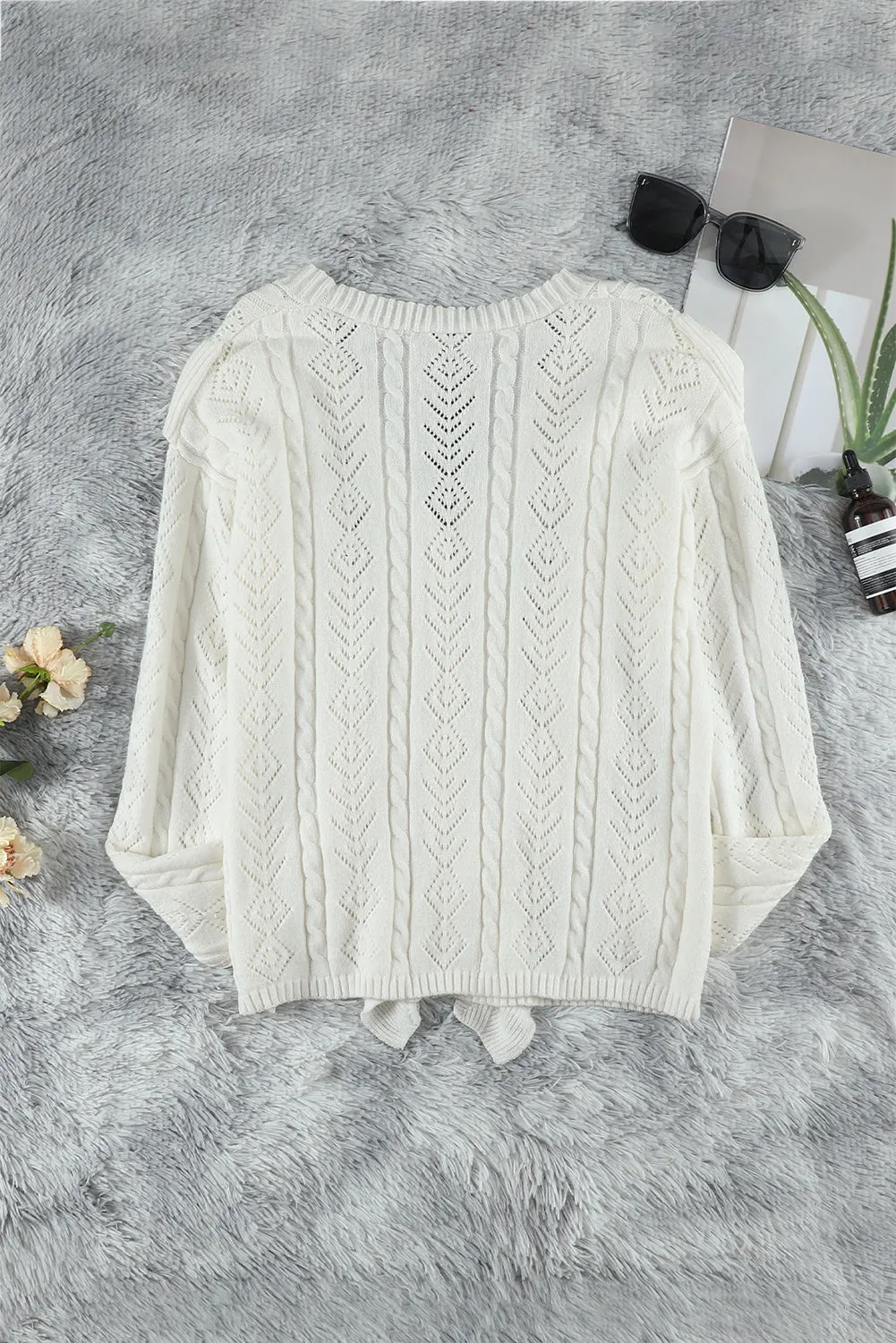 Chic White Ruffled Buttoned Open Front V Neck Knitted Sweater