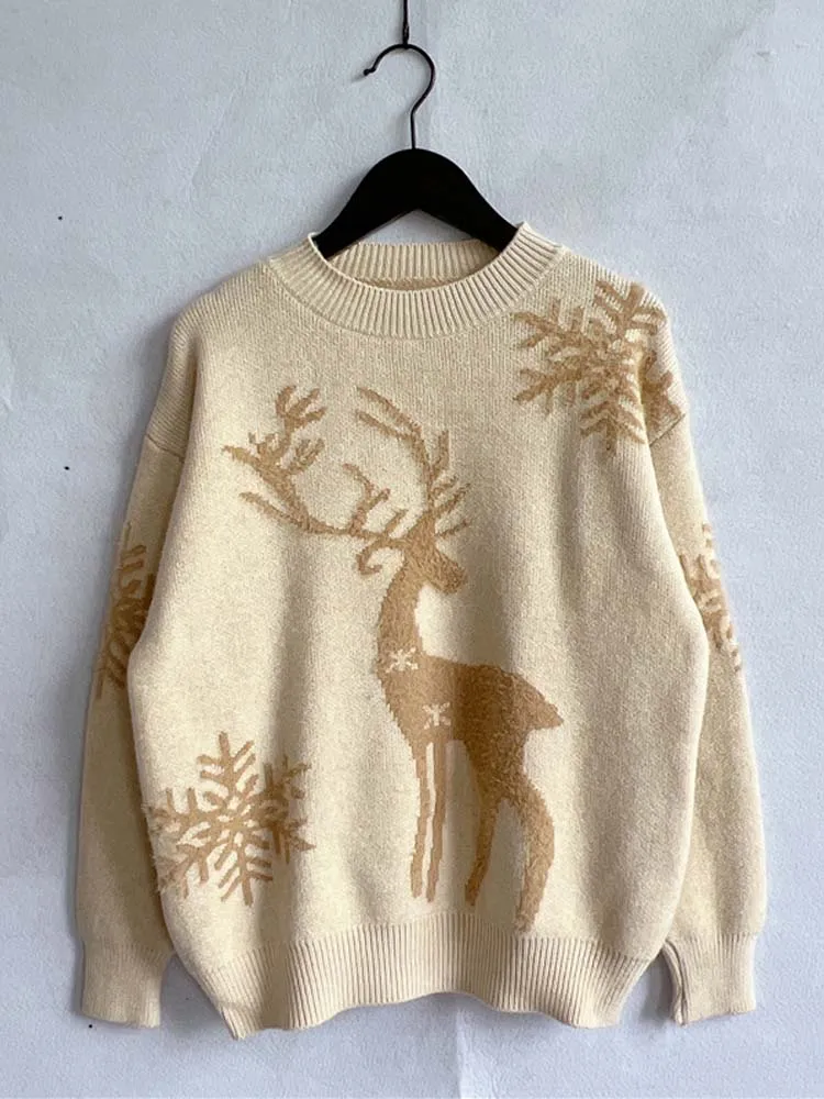 Christmas Deer Print Long Sleeve Knitted Sweater