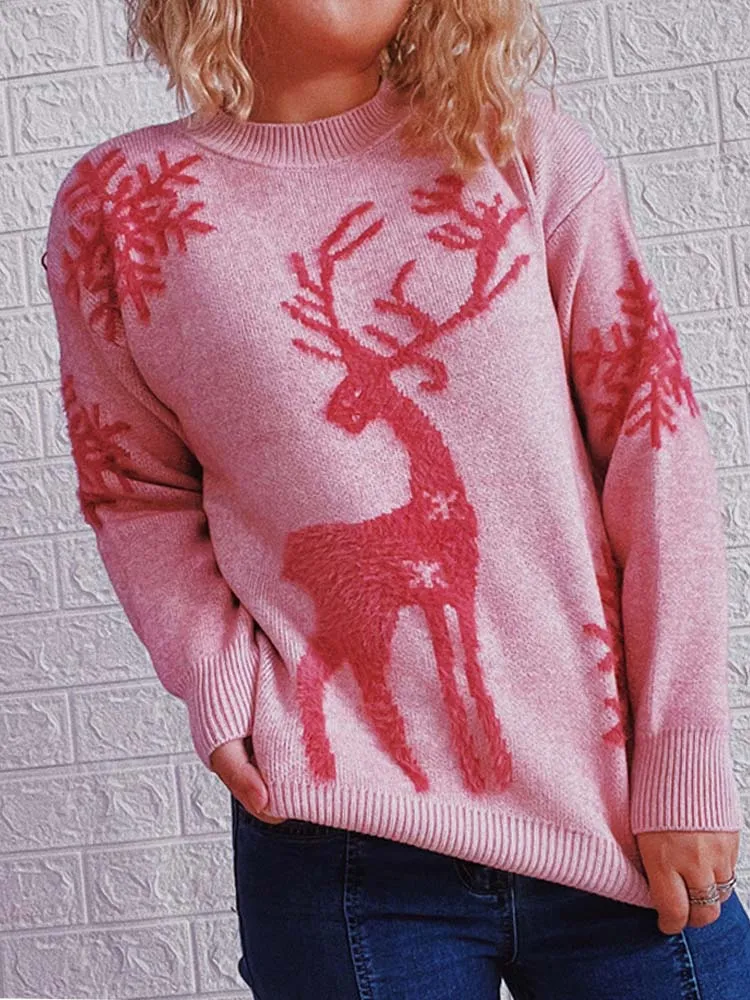 Christmas Deer Print Long Sleeve Knitted Sweater