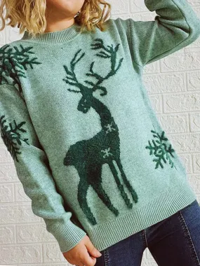 Christmas Deer Print Long Sleeve Knitted Sweater