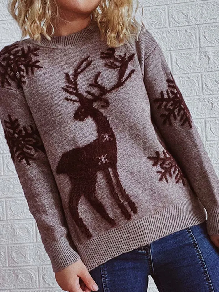 Christmas Deer Print Long Sleeve Knitted Sweater