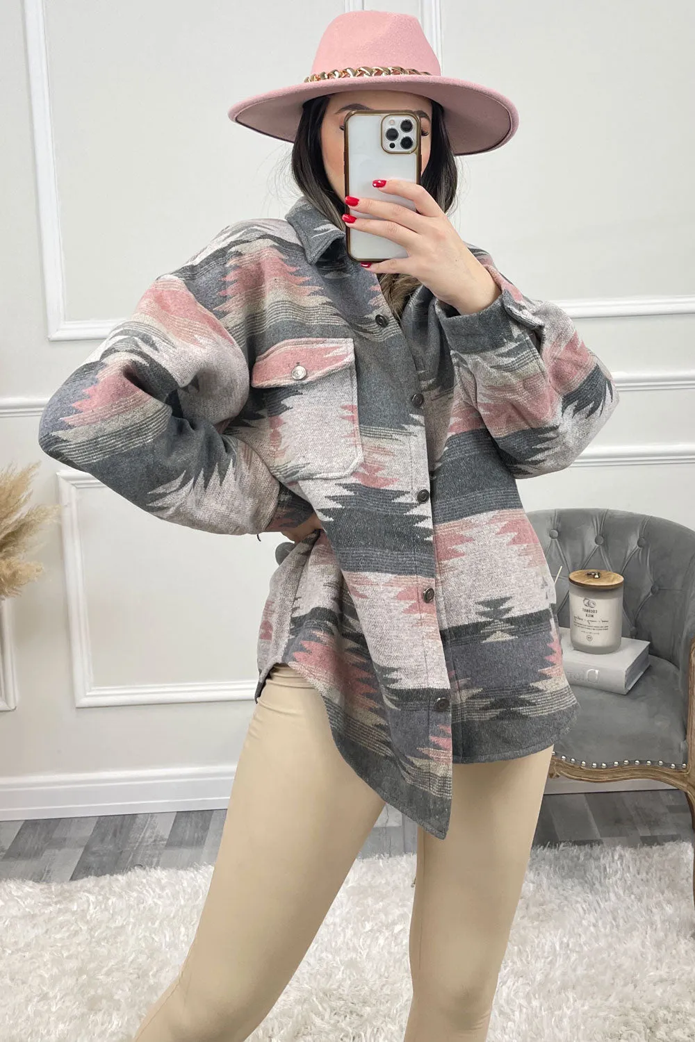 Cleo Grey and Pink Abstract Print Knitted Oversized Shacket