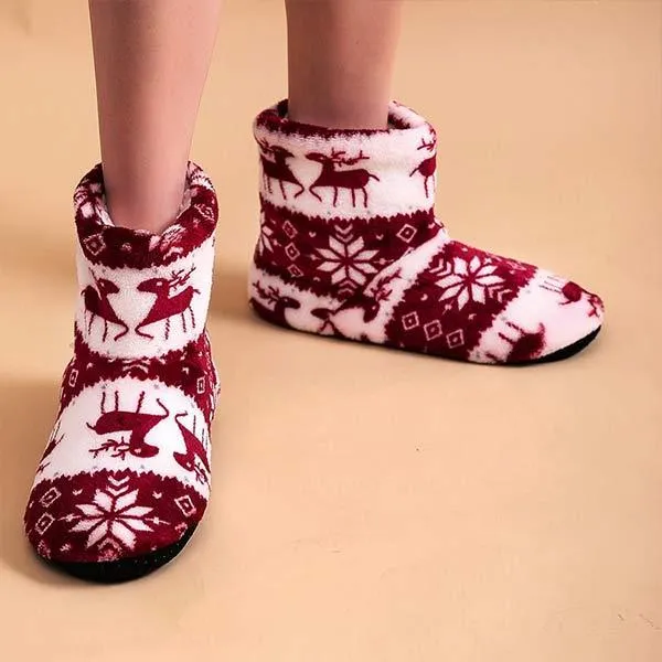 Coral Fleece Print Christmas Fawn Indoor Boots 20225311C