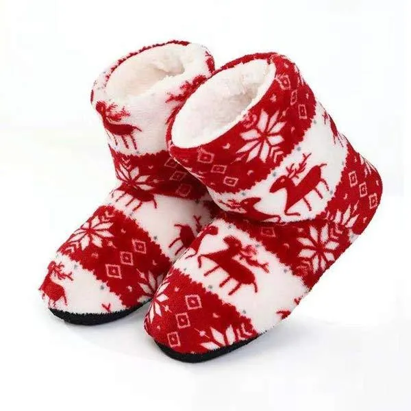 Coral Fleece Print Christmas Fawn Indoor Boots 20225311C