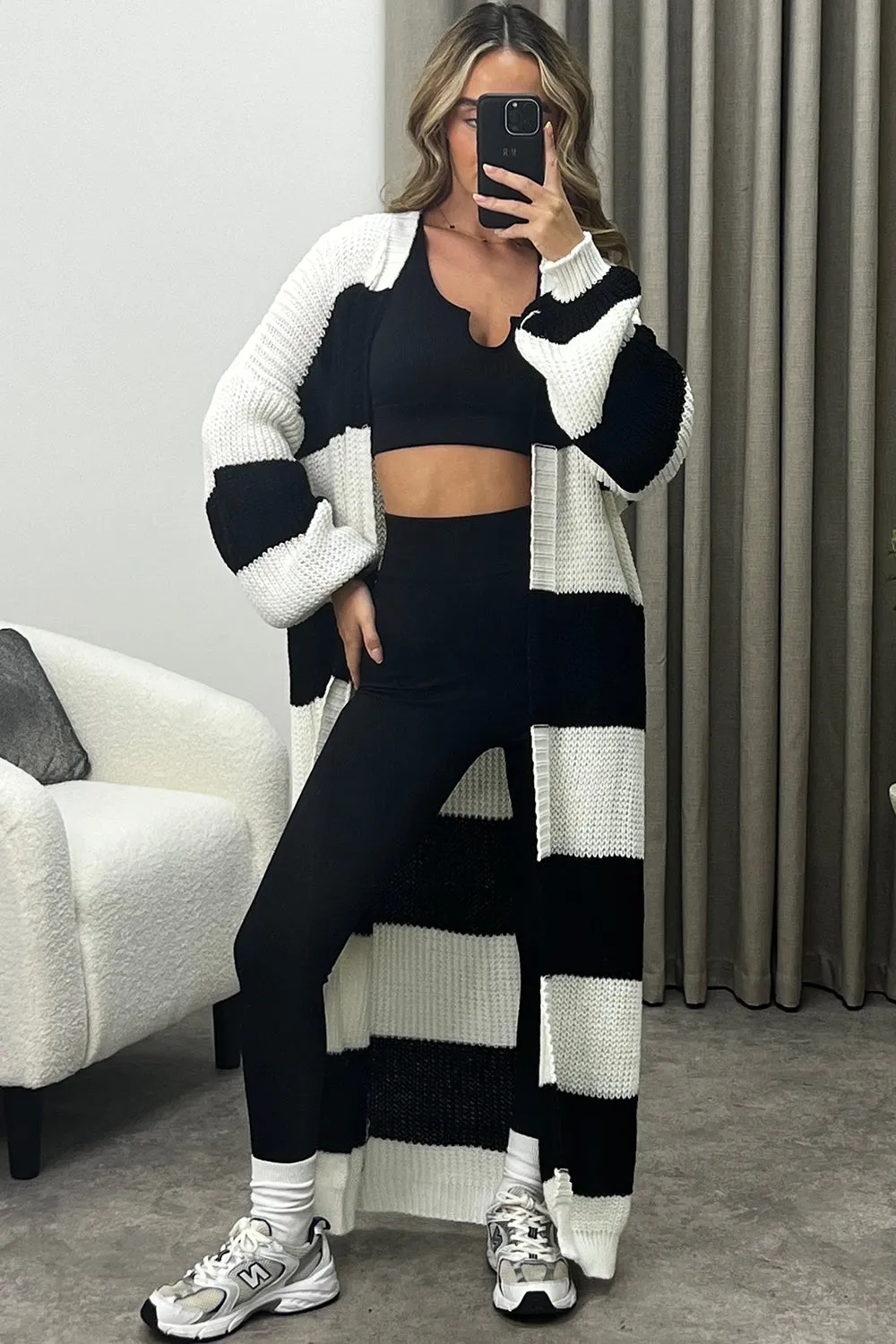 Corinna White and Black Stripe Maxi Knitted Cardigan